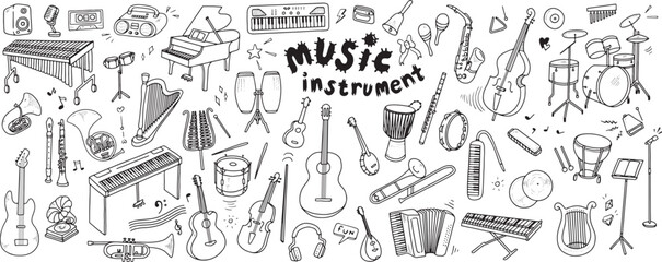 Set of musical instruments. Collection of musical equipment such as strings, percussions, keyboard, brass. Vector illustration isolated on white background.