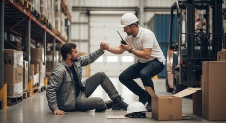 A concerned foreman uses a radio to call for help while assisting an injured worker in a warehouse