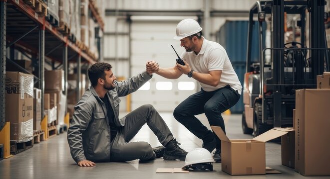A concerned foreman uses a radio to call for help while assisting an injured worker in a warehouse - Powered by Adobe