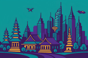 Hybrid Indonesian traditional and futuristic smart city skyline vector
