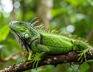 Fototapeta premium green iguana perched tree branch tropical jungle