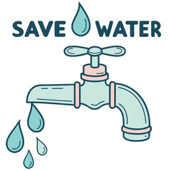 Save Water: A symbolic representation advocating responsible water usage through a detailed illustration of a faucet with water droplets, set against a clean backdrop