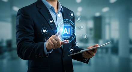 A businessman in a suit using a tablet with an AI interface.