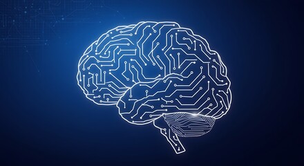 A digital representation of a human brain, composed of circuit board lines, glowing on blue background.