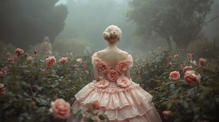 Romantic dreamy scene of a woman in an elegant flowing pink gown adorned with roses, walking into a mystical foggy garden surrounded by blooming flowers and enchanting atmosphere