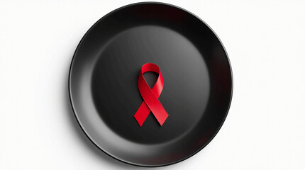 A red ribbon on a black plate isolated on white background, symbolizing the need to address the issue of hivaids and provide support, care, and awareness to those affected