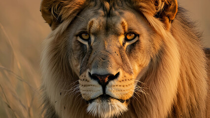Fototapeta premium Majestic Lion in Golden Savannah – 4K Wildlife Background