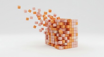 A cube structure disintegrating into scattered, small, colorful, square pieces against a white background.