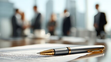 Close-up of pen and contract document on table with business people in background during corporate meeting, office negotiation, and professional agreement concept