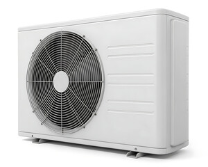 Fototapeta premium A white air conditioner unit with a circular fan grill on a white background in a studio shot