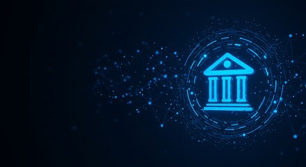 Digital banking concept; glowing bank icon within a futuristic technological interface.