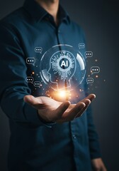 A person holds a holographic AI representation, symbolizing artificial intelligence technology.