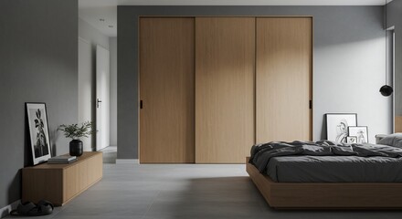 穏やか光差し込む、シンプルモダンな寝室 木目調スライド式クローゼット. AI Generated