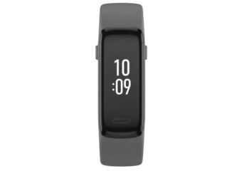 Wearable Fitness Tracker Device with Digital Display Showing Time in Black and Gray