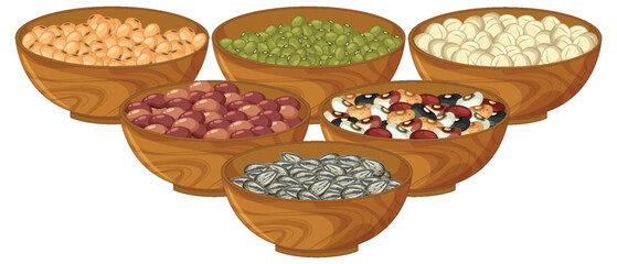 Assorted Beans and Seeds in Wooden Bowls Illustration