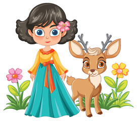 Girl With Flower and Deer in Garden Illustration