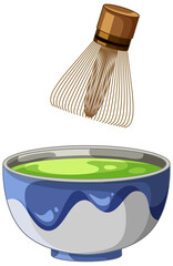 Traditional Japanese Matcha Tea Bowl and Bamboo Whisk Illustration
