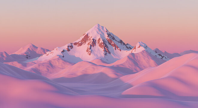 Serene winter landscape featuring a majestic snow-capped mountain peak bathed in the beautiful pink light of an alpenglow sunset - Powered by Adobe