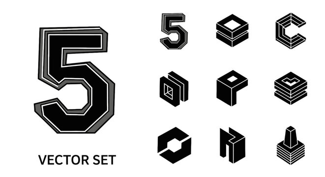 Monochrome vector set featuring a layered number five and abstract isometric geometric shapes.