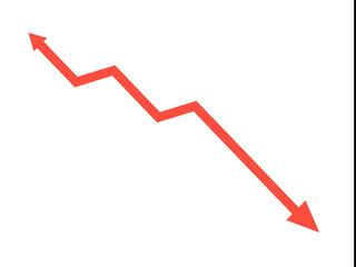 red downward trending arrow displays a sharp zigzag decline with distinct angular segments, often representing market crashes, cascading business failures, or emergency alert indicators