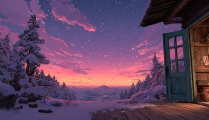 Snowy mountaintop cabin at sunset