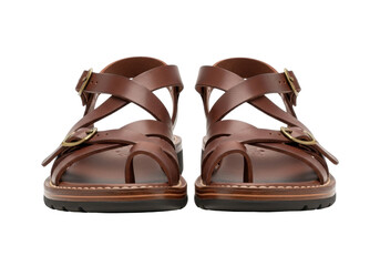 Brown Leather Sandals with Crossed Straps and Buckle Detail on a Transparent Background