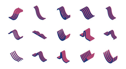 Isometric Pink and Blue Striped Shapes in Various Poses and Arrangements