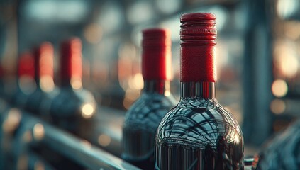 Wine bottles on a conveyor belt