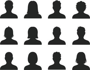 Silhouettes of diverse male and female avatars, profile icons collection, anonymous user symbols, digital headshots, social media avatars, character profiles set, user icons, minimal design
