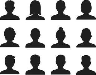 Silhouettes of diverse male and female avatars, profile icons, user symbols, social media icons, anonymous people, digital profile silhouettes, headshots, avatars collection, people icons