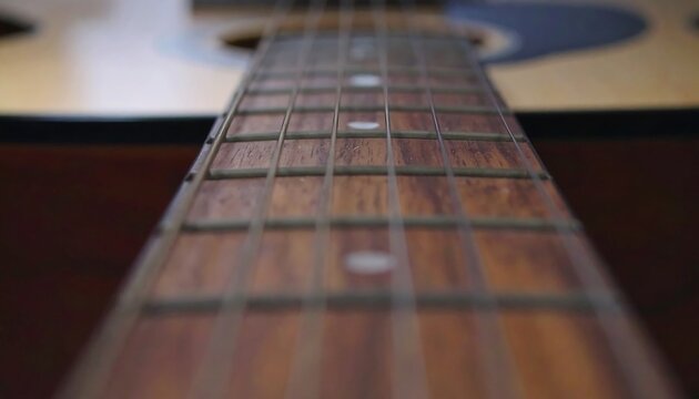 Close-up acoustic guitar fretboard
