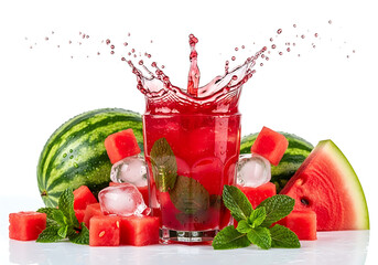 watermelon mint juice explosion with upward splash burst, center glass surrounded by watermelon cubes and mint leaves