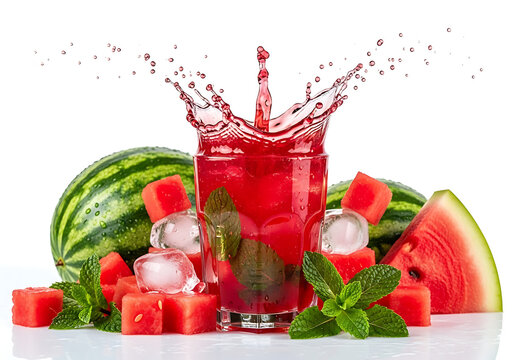 watermelon mint juice explosion with upward splash burst, center glass surrounded by watermelon cubes and mint leaves - Powered by Adobe