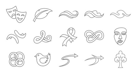 Fototapeta premium Collection of Line Art Icons: Masks, Ribbon, Bird, Tree, and More