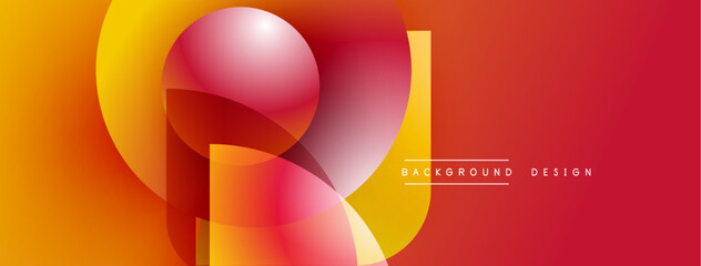 Abstract geometric shapes blend vibrant orange, red hues. Gradient layers create depth, modern visual impact. Minimal text present.