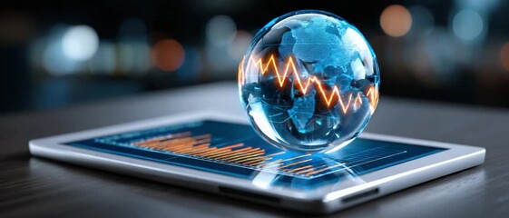Global Economy: A sleek tablet serves as a window to the world, showcasing a glowing globe with an illuminating graph, representing the dynamic nature of global finance and technological advancement. - Powered by Adobe