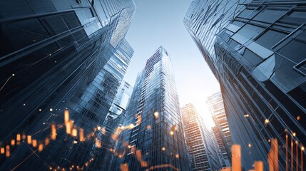 Modern skyscraper buildings with digital finance growth chart and analytics overlay, futuristic economy background showcasing innovation, corporate success, and business technology with rising statist