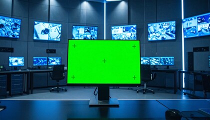 Futuristic control room with a central green screen monitor for custom content and multiple screens in the background