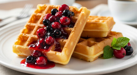 A plate of golden waffles topped with berry jam, perfect for breakfast or brunch 3