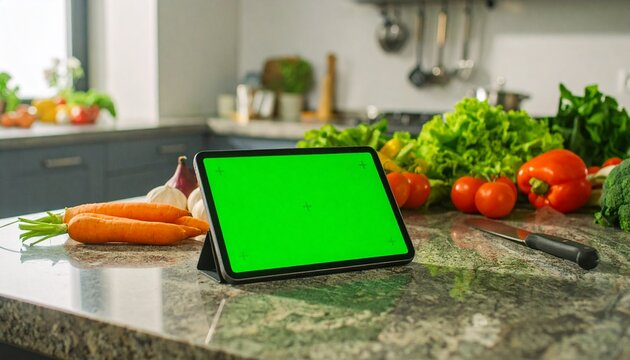 Modern kitchen scene with a digital tablet featuring a green screen mockup, surrounded by fresh ingredients for a healthy recipe - Powered by Adobe