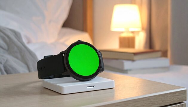 Smartwatch with Green Screen on Wireless Charger on a Bedside Table in Bedroom - Mockup