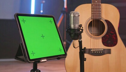 Green Screen Tablet Setup with Acoustic Guitar and Microphone for Music Production