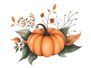 Naklejka premium Orange Pumpkin Adorned With Autumn Foliage And Small Flowers Set Against A Transparent Background Transparent Background
