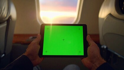 First-person perspective of a traveler holding a digital tablet with a green screen mockup, flying in a private jet at sunrise