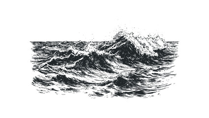 Black and White Sketch of Crashing Ocean Waves with Spray. Vector hand drawn illustration
