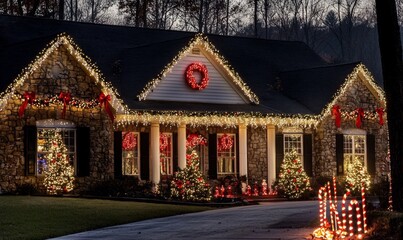 Fototapeta premium A beautifully adorned house showcasing a dazzling array of Christmas lights.