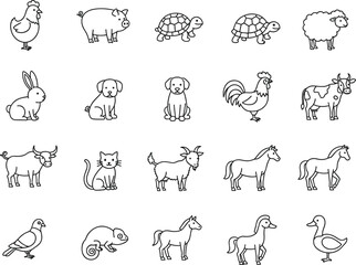 Flat vector illustration, animal icons, farm animals, domestic pets, livestock graphic, poultry symbol, wildlife design, pet icon, barnyard element, agriculture concept