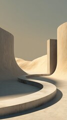 Beige, minimalist, architectural scene with curves and a path