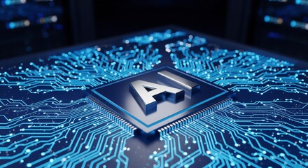 Artificial Intelligence (AI) icon on a glowing CPU. Futuristic technology concept showing a chip on a circuit board in a data center or server room.

