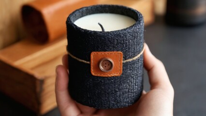 Minimalistic composition of hand holding black cylindrical candle in woven fabric, featuring leather label with orange button on shelf.